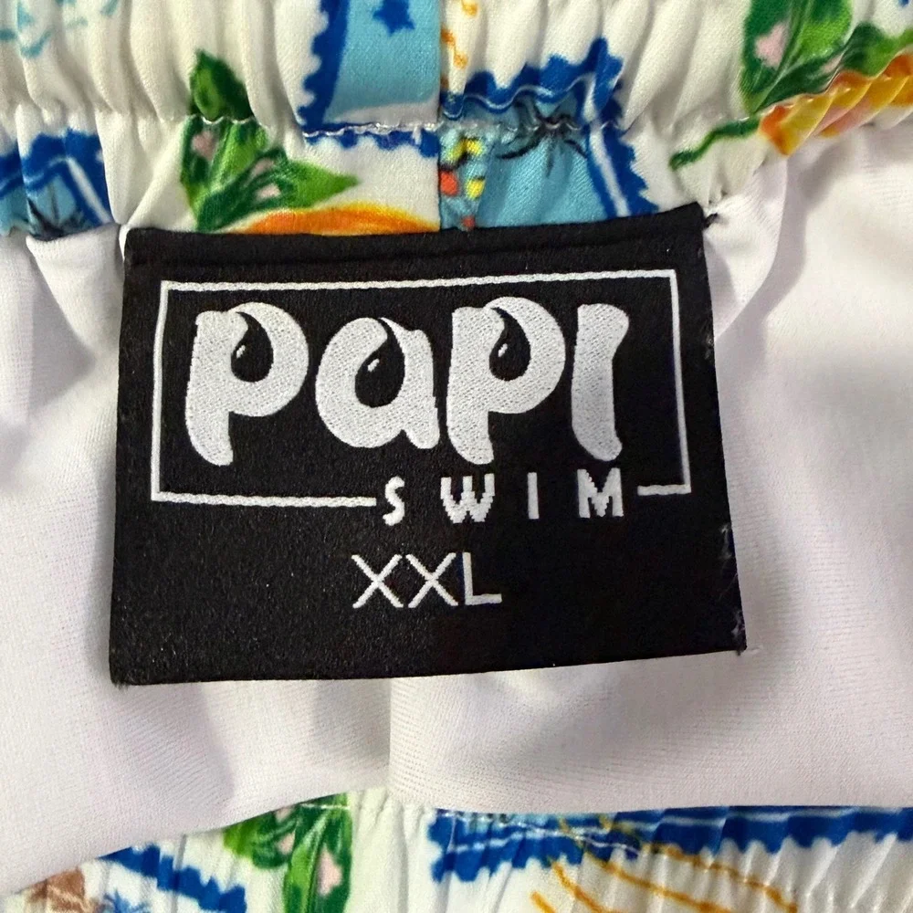 Papi Swim Men XXL White Tropical Postcard Stamp Print Swim Trunks Mesh Lined